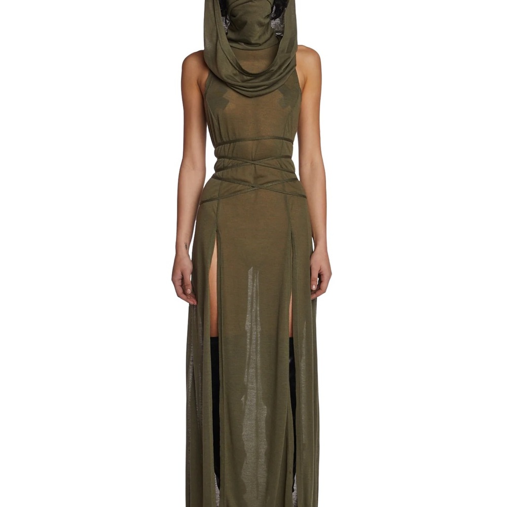 Eco hooded Olive Green slit maxi Sleeveless Dress